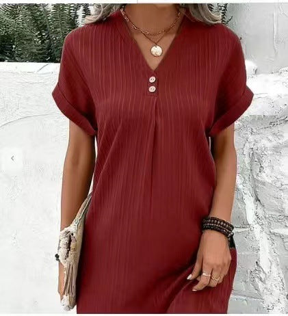 🌷Summer Hot Sale 🍃Simple Solid Color V-Neck Short Sleeve Dress for Women