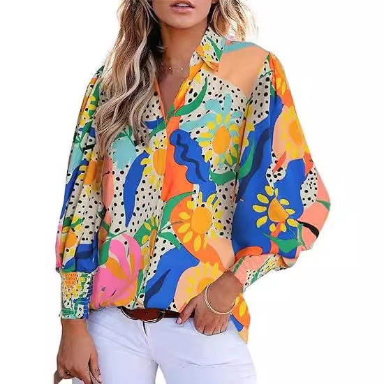 Women's Loose V-Neck Paisley Print Lantern Sleeve Blouse Top (BUY 2 FREE SHIPPING)