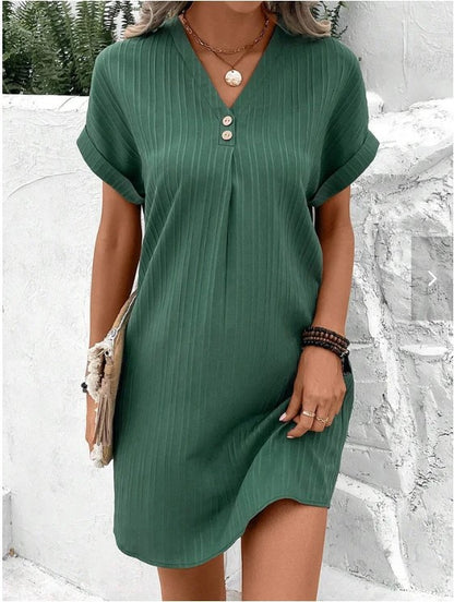 🌷Summer Hot Sale 🍃Simple Solid Color V-Neck Short Sleeve Dress for Women