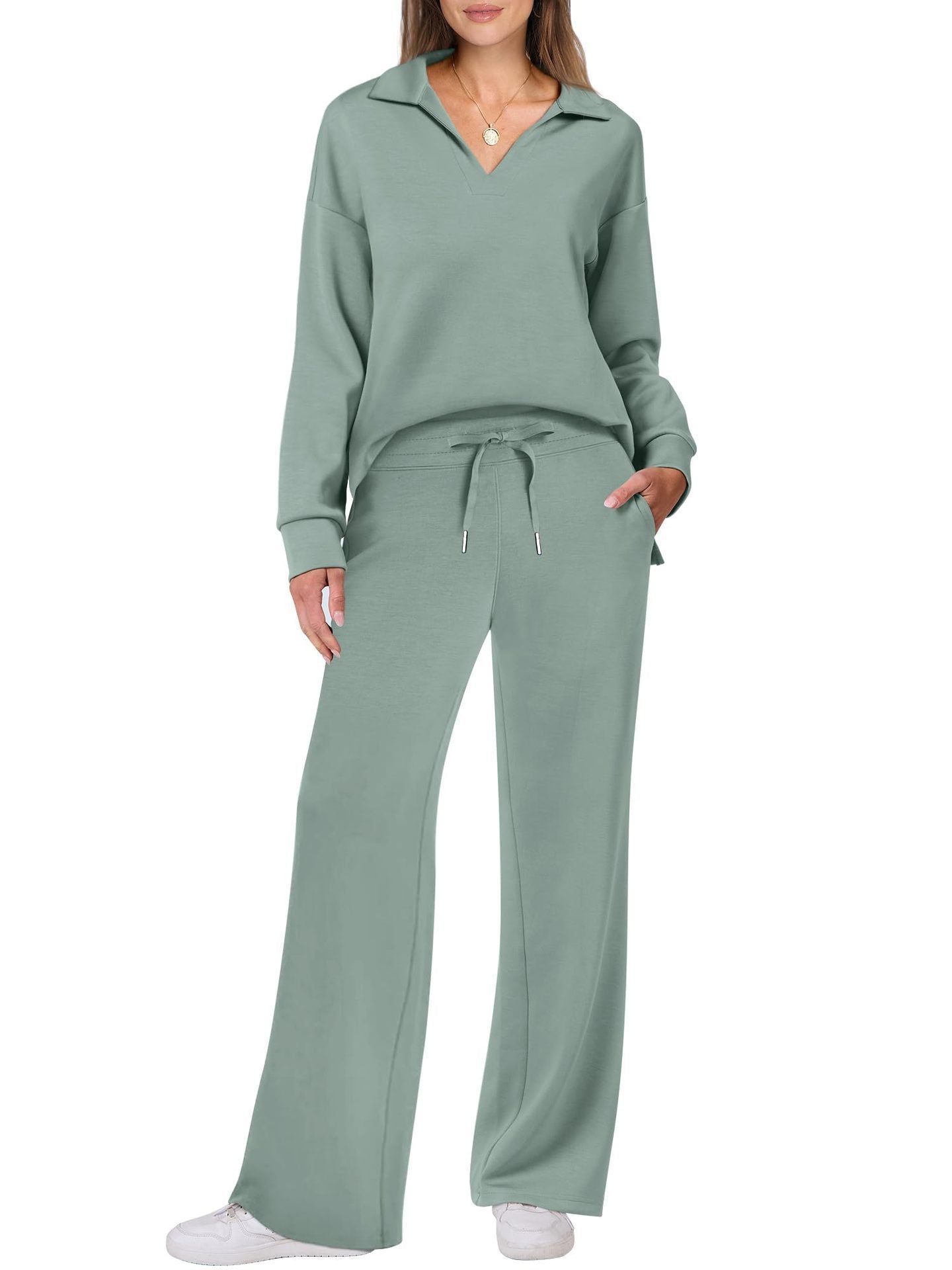 Women's Casual Polo Top and Wide Leg Pants Matching Sets (Buy 2 Free Shipping)