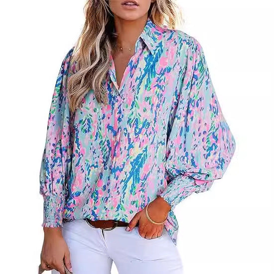 Women's Loose V-Neck Paisley Print Lantern Sleeve Blouse Top (BUY 2 FREE SHIPPING)