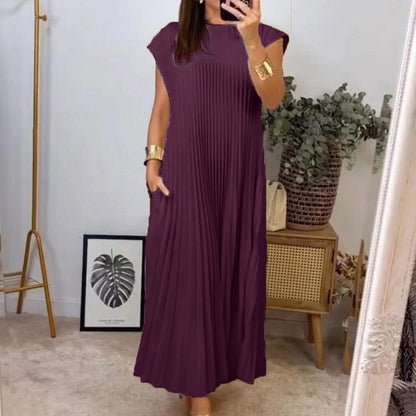 Women Pleated Simple Solid Color Dress