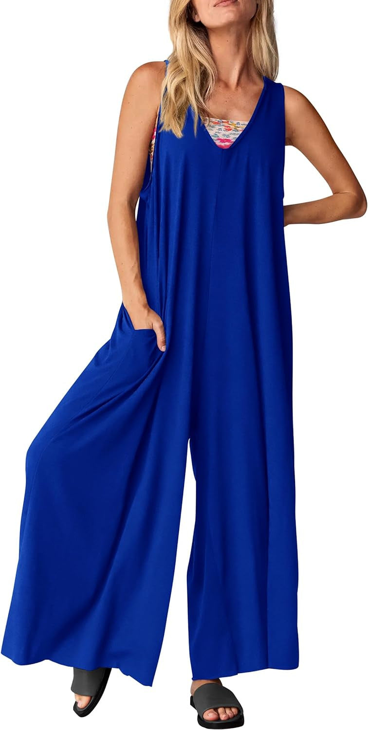 Women's Casual V-Neck Sleeveless Wide-Leg Jumpsuit