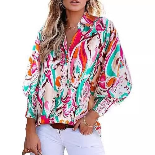 Women's Loose V-Neck Paisley Print Lantern Sleeve Blouse Top (BUY 2 FREE SHIPPING)