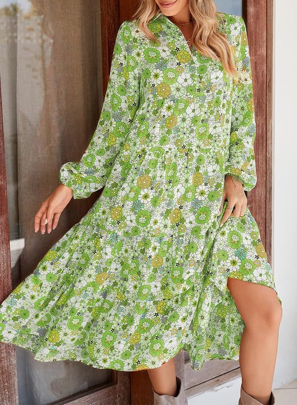 Women's Long Sleeve V Neck Bohemian Midi Dress