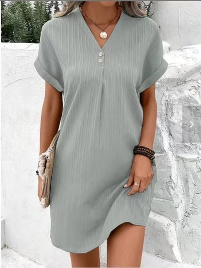 🌷Summer Hot Sale 🍃Simple Solid Color V-Neck Short Sleeve Dress for Women
