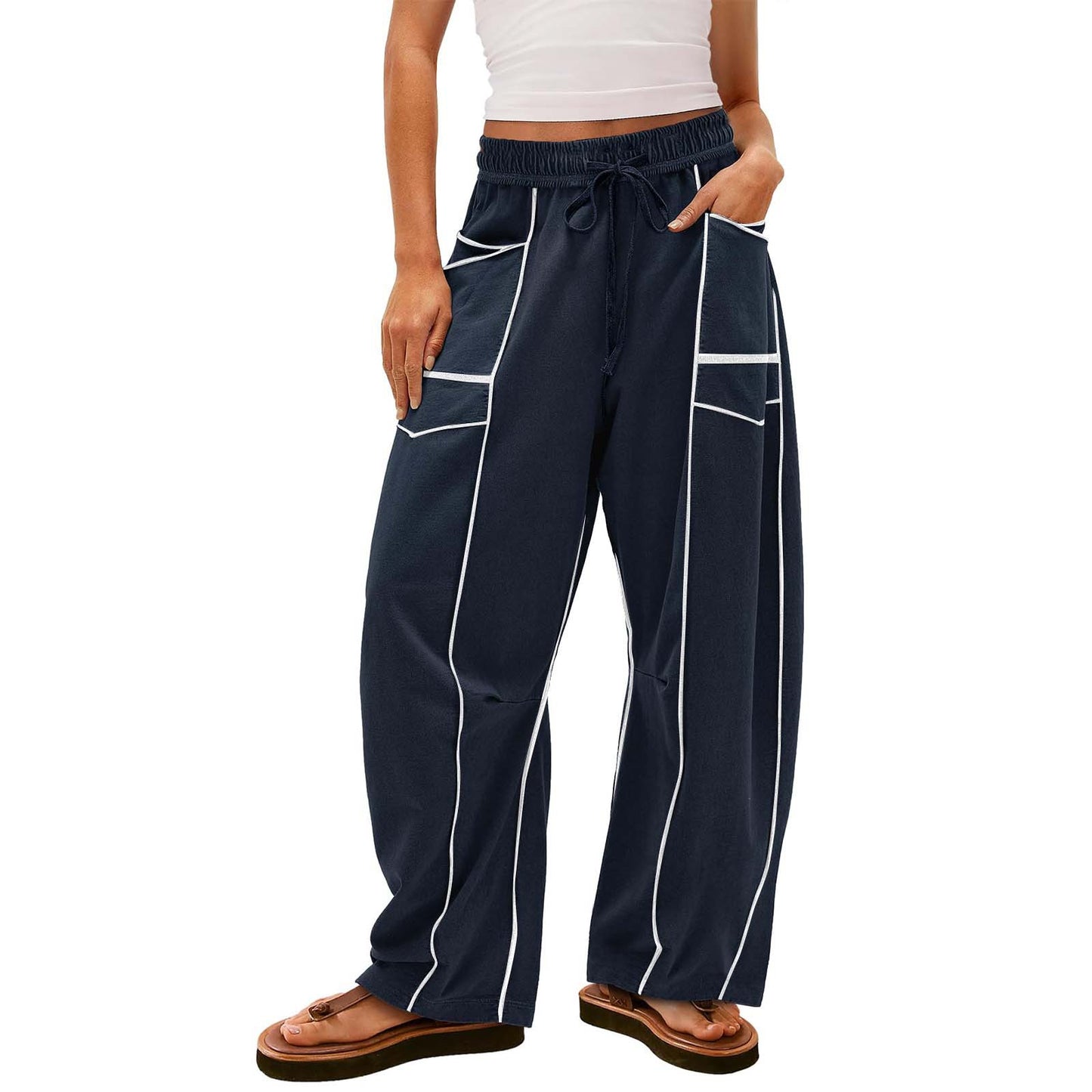 Womens Baggy Barrel Pants Wide Leg Lounge Drawstring Sweatpants with Pockets👖