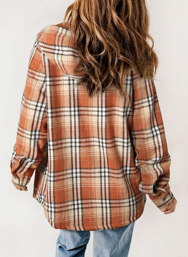 Women's Plaid Long Sleeve Button Fleece Hooded Jacket With Pockets (Buy 2 Free Shipping)