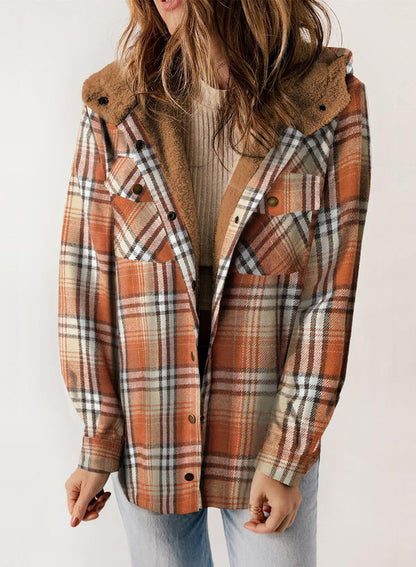 Women's Plaid Long Sleeve Button Fleece Hooded Jacket With Pockets (Buy 2 Free Shipping)