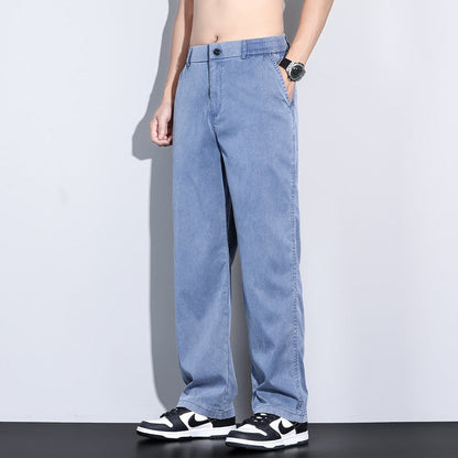 Elastic Waist Loose Straight Thin Denim Trousers