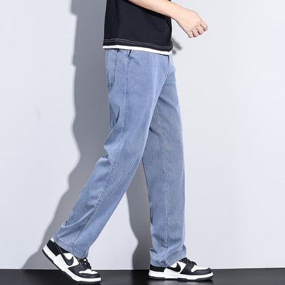 Elastic Waist Loose Straight Thin Denim Trousers