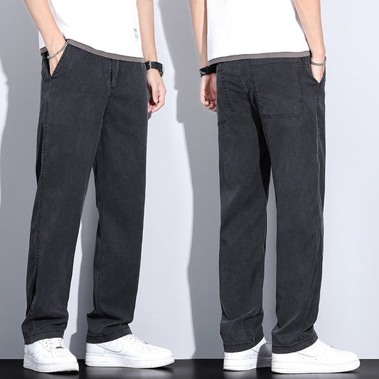 Elastic Waist Loose Straight Thin Denim Trousers