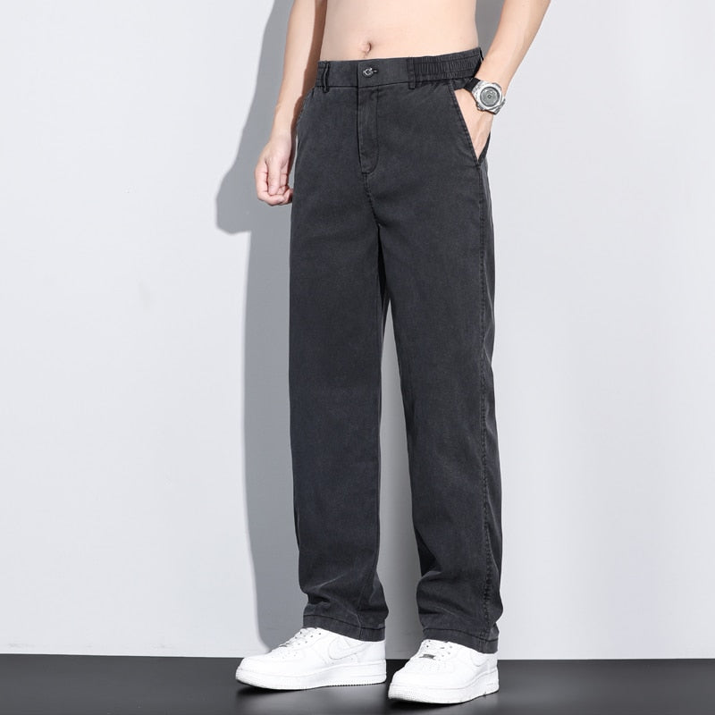 Elastic Waist Loose Straight Thin Denim Trousers