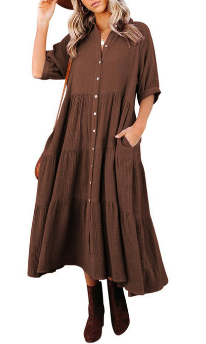 WOMEN'S SUMMER COTTON HALF SLEEVES MIDI DRESS WITH POCKETS