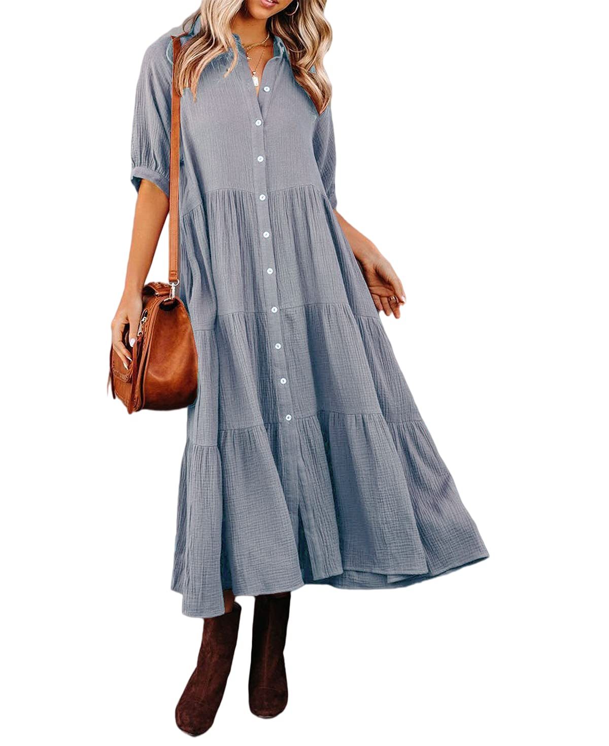 WOMEN'S SUMMER COTTON HALF SLEEVES MIDI DRESS WITH POCKETS