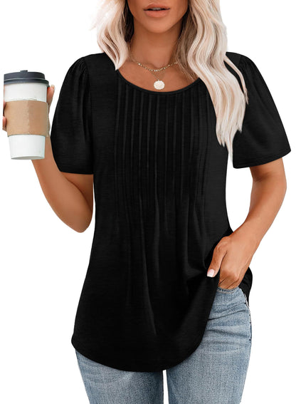 ⏰Hot Sale-Women's Short Sleeve Pleated Dressy Casual Scooped Neck Tops (Buy 3 Free Shipping)