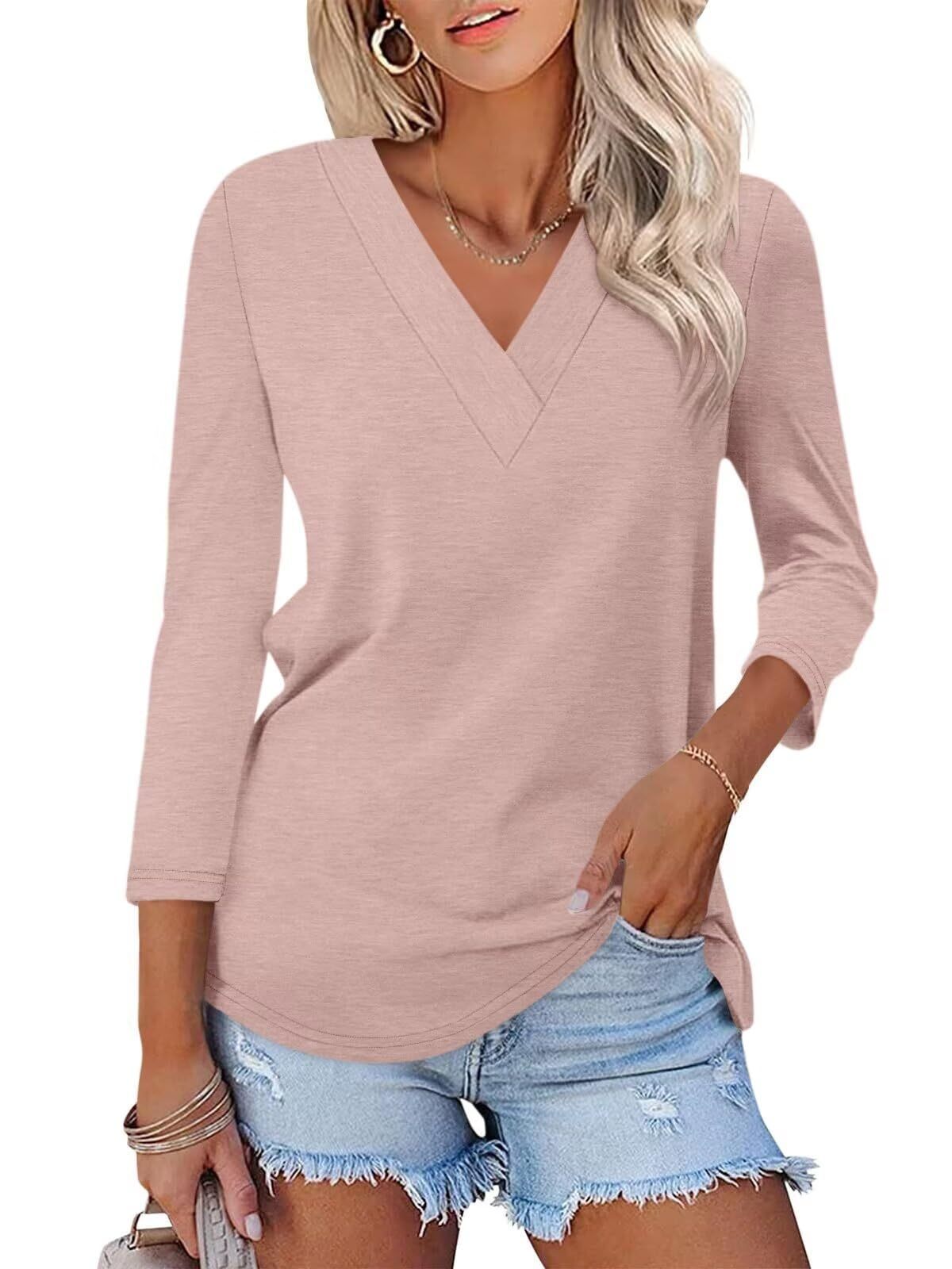 Limited time sale🔥Women's 3/4 Length Sleeves V Neck Shirts Basic Tees(BUY 3 FREE SHIPPING)