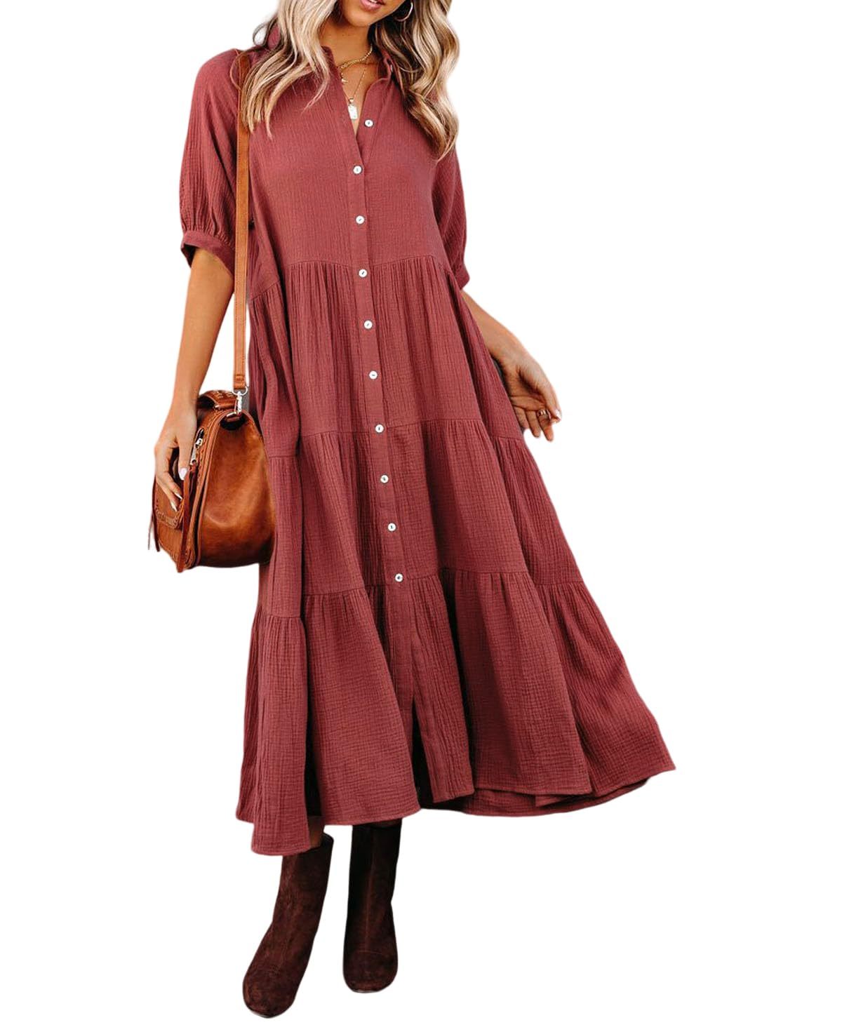 WOMEN'S SUMMER COTTON HALF SLEEVES MIDI DRESS WITH POCKETS