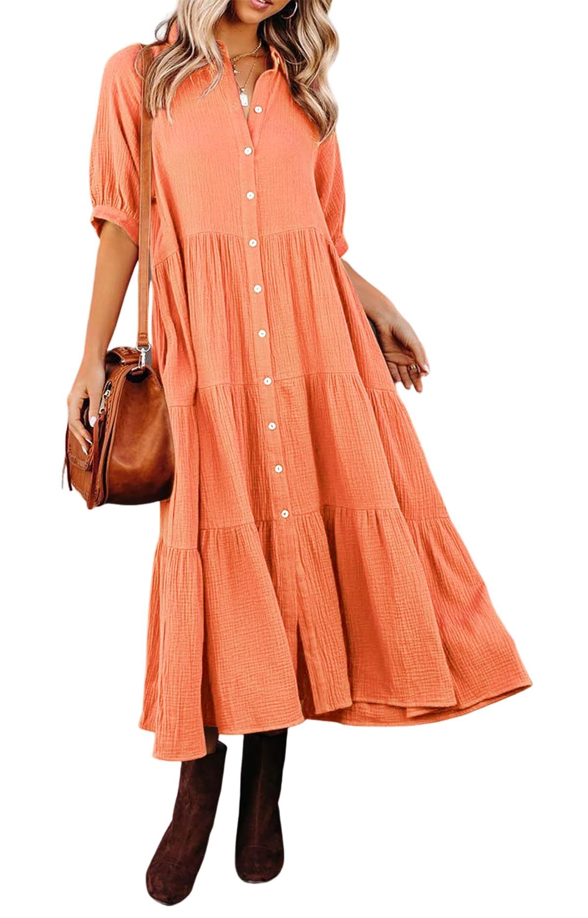 WOMEN'S SUMMER COTTON HALF SLEEVES MIDI DRESS WITH POCKETS