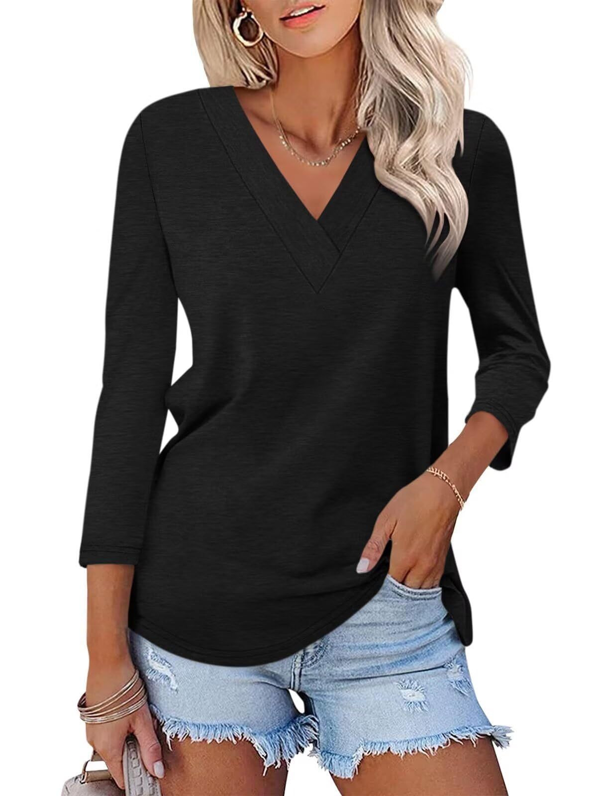 Limited time sale🔥Women's 3/4 Length Sleeves V Neck Shirts Basic Tees(BUY 3 FREE SHIPPING)