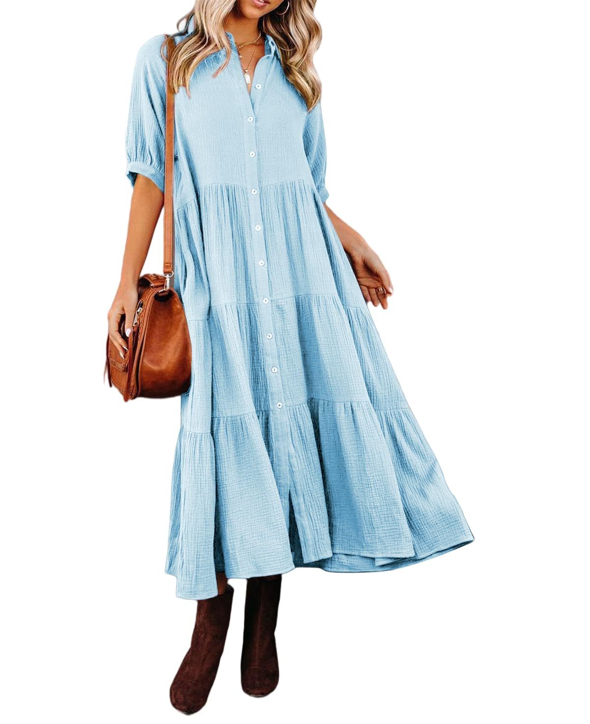 WOMEN'S SUMMER COTTON HALF SLEEVES MIDI DRESS WITH POCKETS