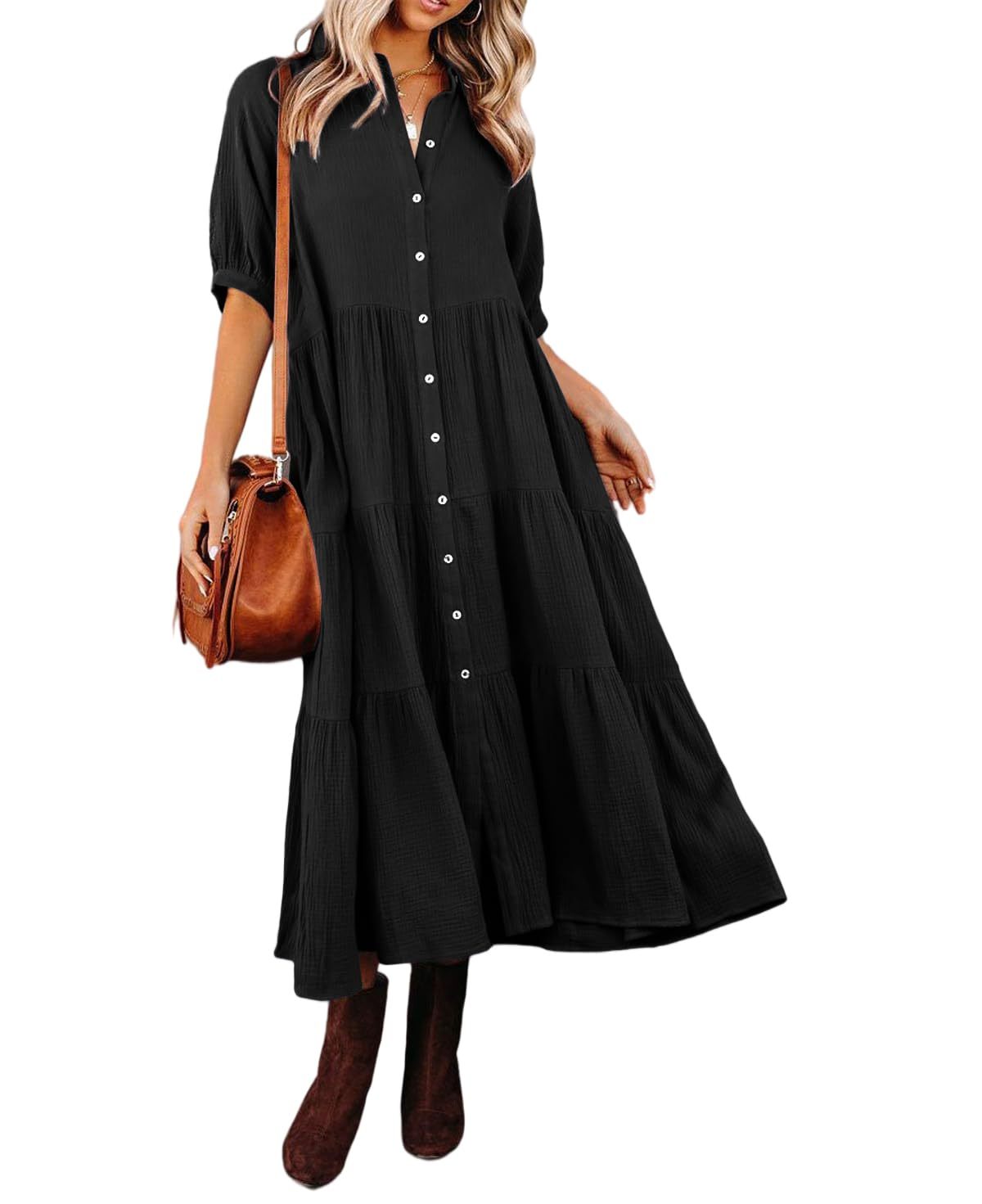 WOMEN'S SUMMER COTTON HALF SLEEVES MIDI DRESS WITH POCKETS