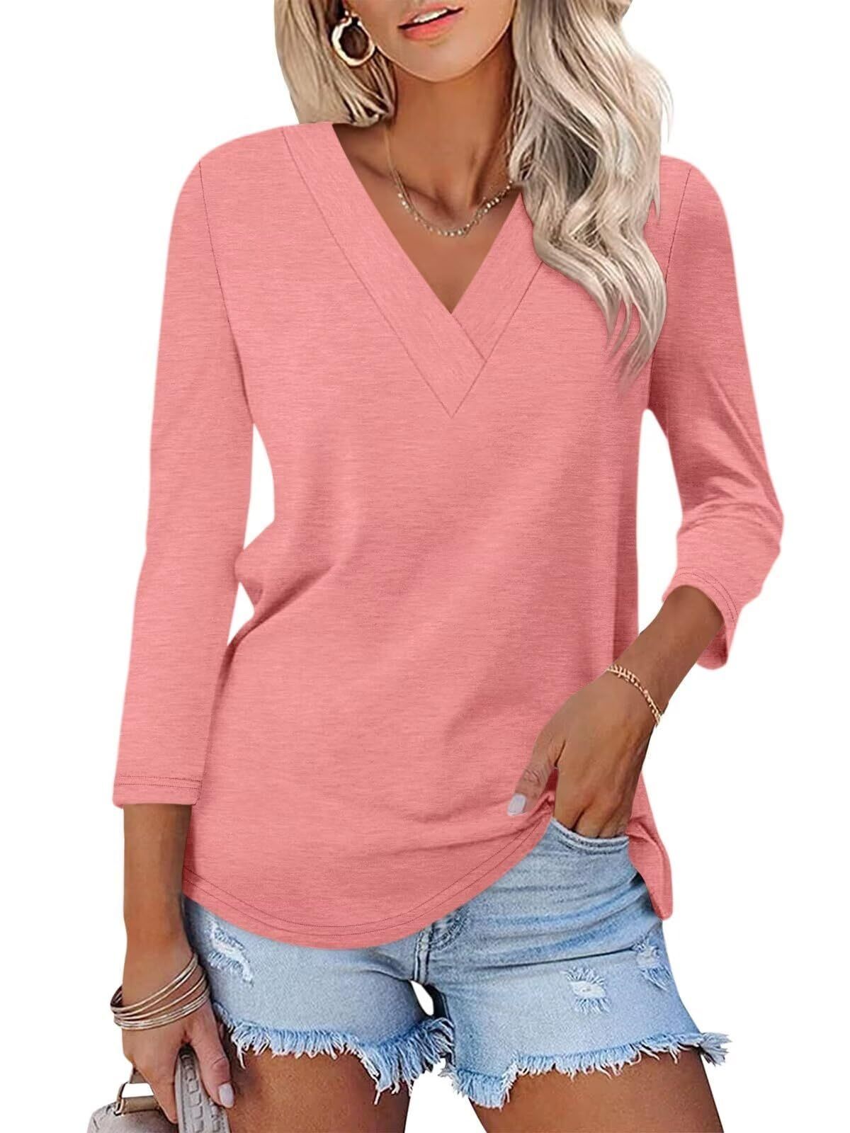 Limited time sale🔥Women's 3/4 Length Sleeves V Neck Shirts Basic Tees(BUY 3 FREE SHIPPING)