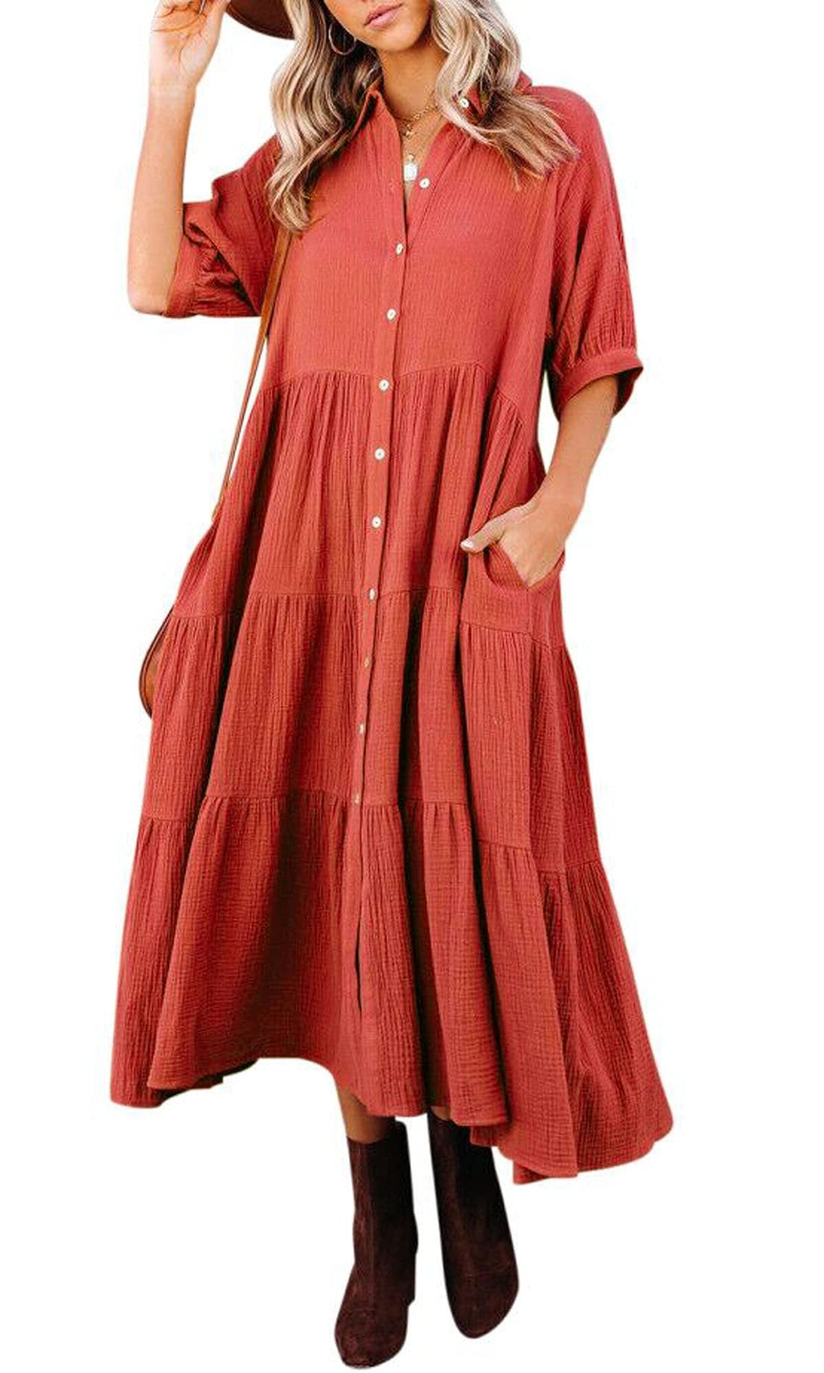 WOMEN'S SUMMER COTTON HALF SLEEVES MIDI DRESS WITH POCKETS