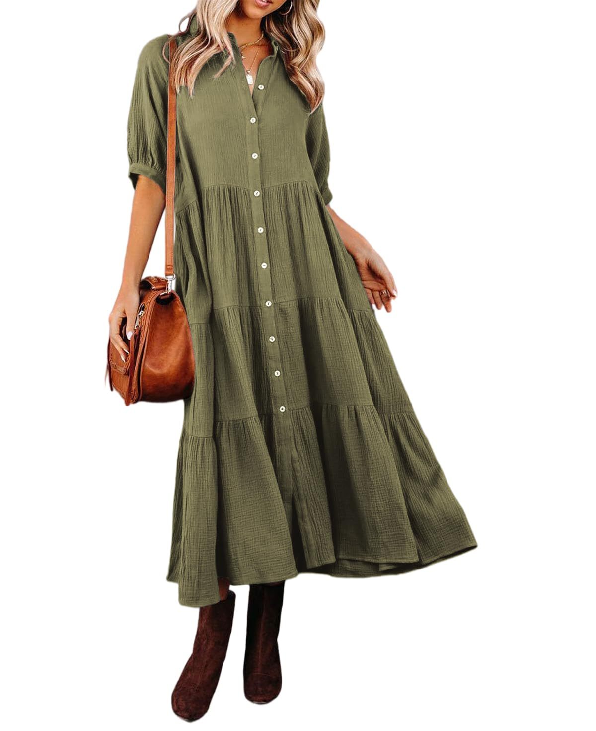 WOMEN'S SUMMER COTTON HALF SLEEVES MIDI DRESS WITH POCKETS