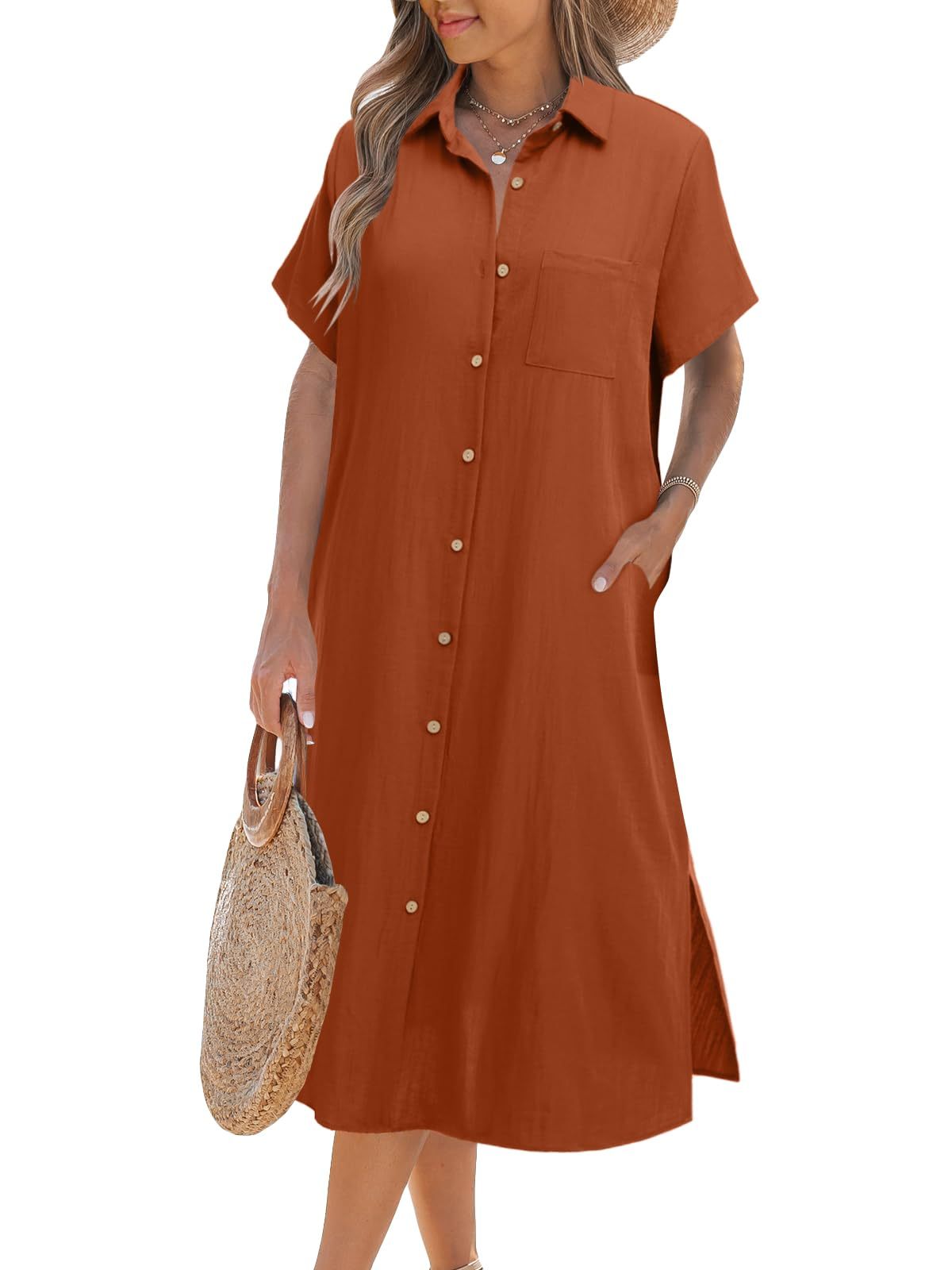 Women's Button Down Short Sleeve Shirt Dress (Buy 2 Free Shipping)