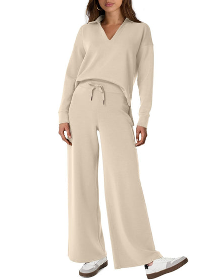 Women's Casual Polo Top and Wide Leg Pants Matching Sets (Buy 2 Free Shipping)