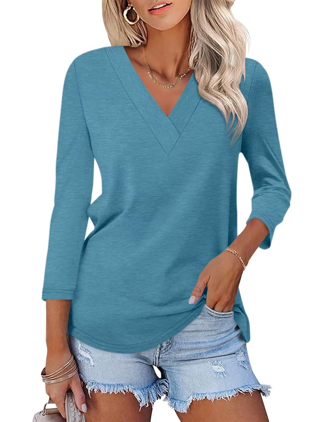 Limited time sale🔥Women's 3/4 Length Sleeves V Neck Shirts Basic Tees(BUY 3 FREE SHIPPING)