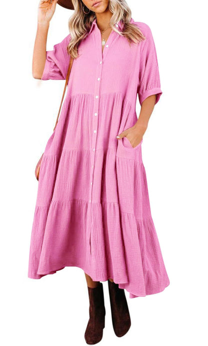 WOMEN'S SUMMER COTTON HALF SLEEVES MIDI DRESS WITH POCKETS