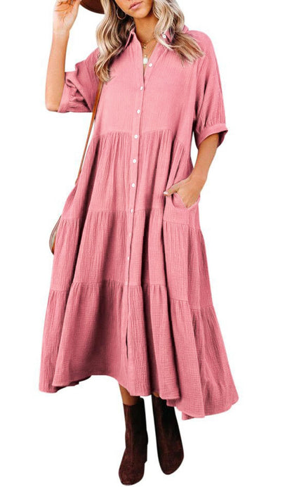 WOMEN'S SUMMER COTTON HALF SLEEVES MIDI DRESS WITH POCKETS