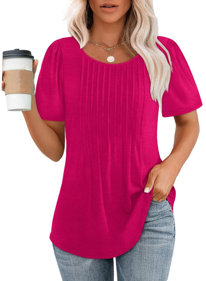 ⏰Hot Sale-Women's Short Sleeve Pleated Dressy Casual Scooped Neck Tops (Buy 3 Free Shipping)