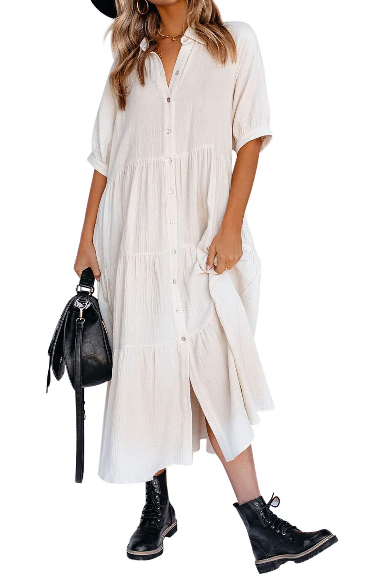 WOMEN'S SUMMER COTTON HALF SLEEVES MIDI DRESS WITH POCKETS