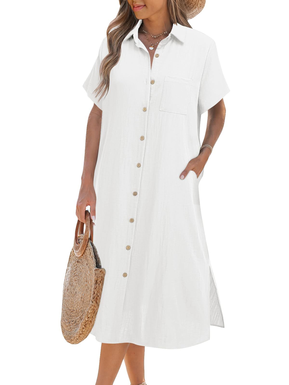 Women's Button Down Short Sleeve Shirt Dress (Buy 2 Free Shipping)