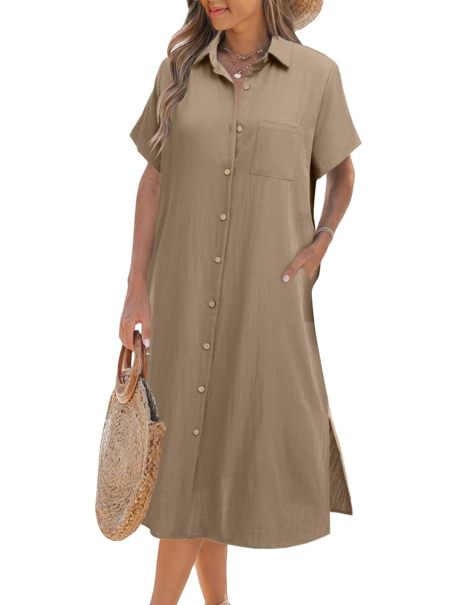 Women's Button Down Short Sleeve Shirt Dress (Buy 2 Free Shipping)