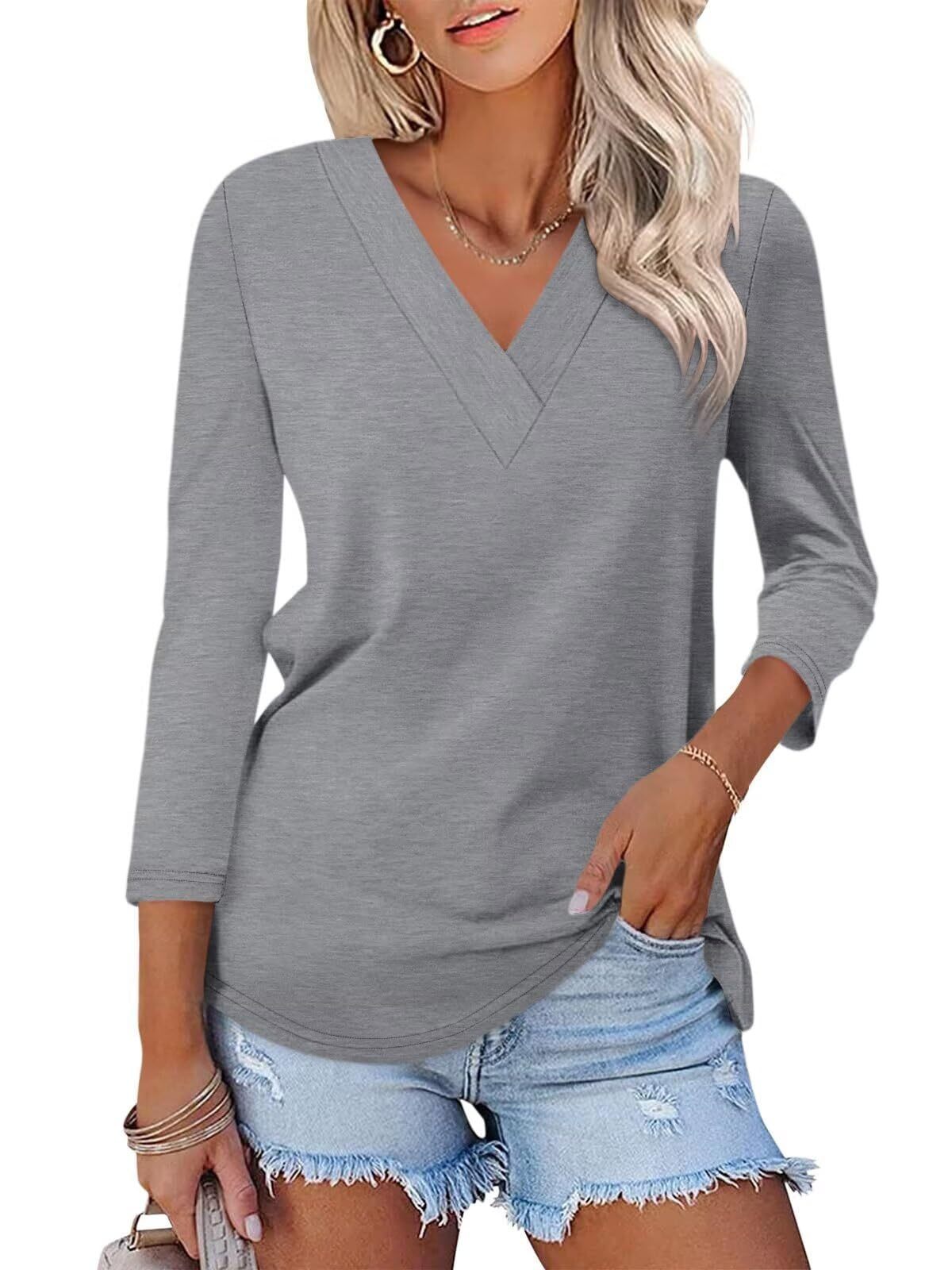 Limited time sale🔥Women's 3/4 Length Sleeves V Neck Shirts Basic Tees(BUY 3 FREE SHIPPING)