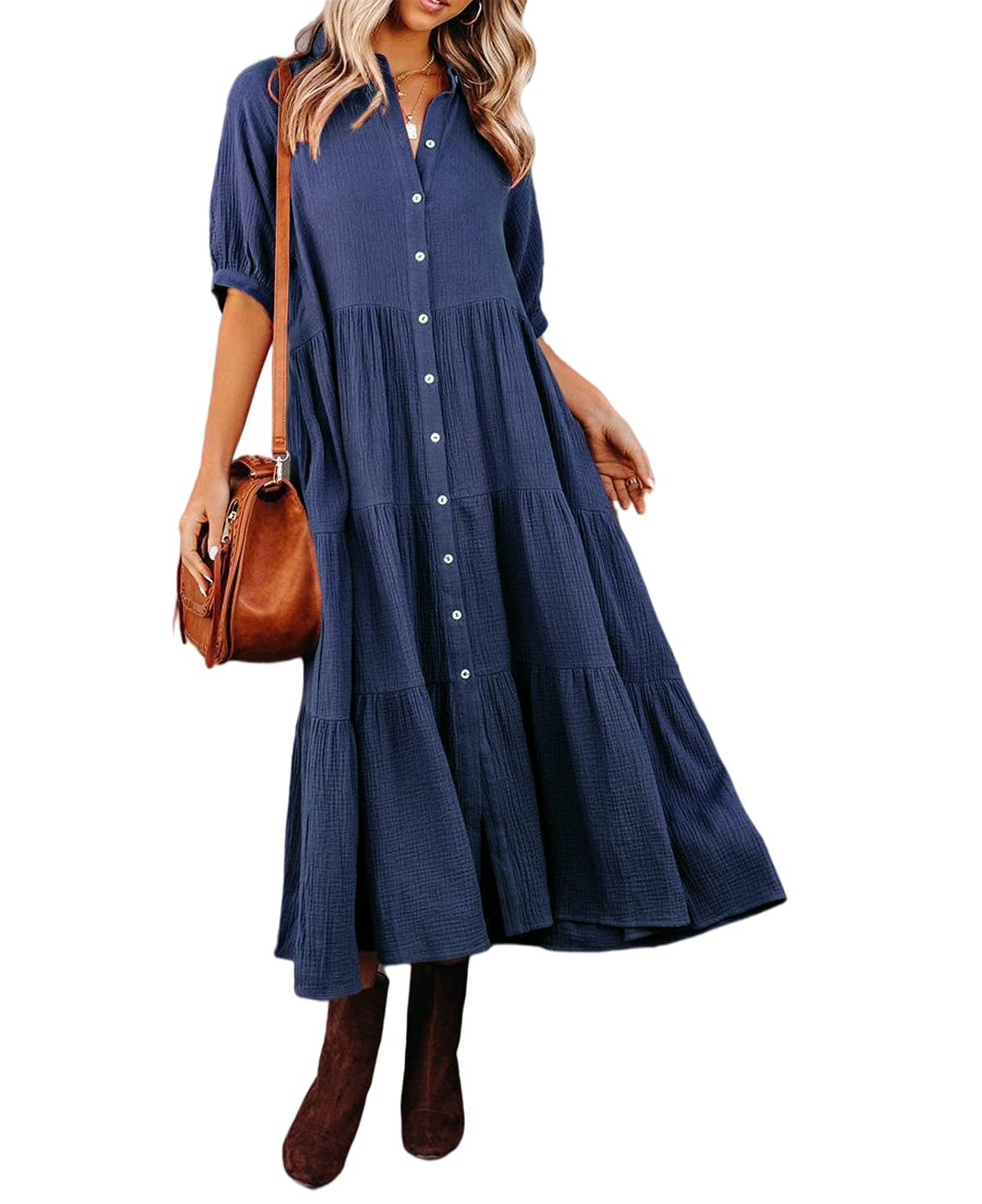 WOMEN'S SUMMER COTTON HALF SLEEVES MIDI DRESS WITH POCKETS