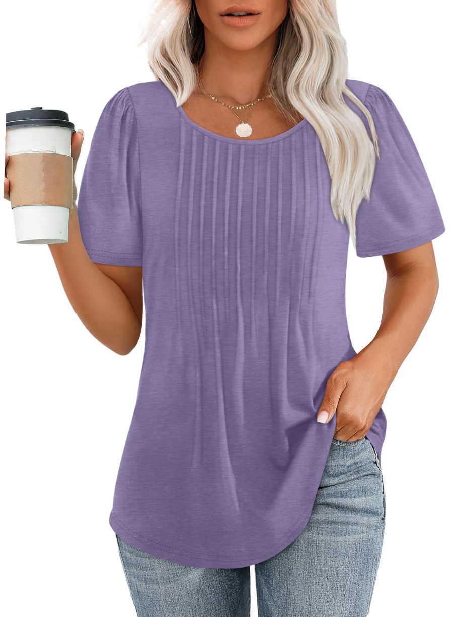 ⏰Hot Sale-Women's Short Sleeve Pleated Dressy Casual Scooped Neck Tops (Buy 3 Free Shipping)