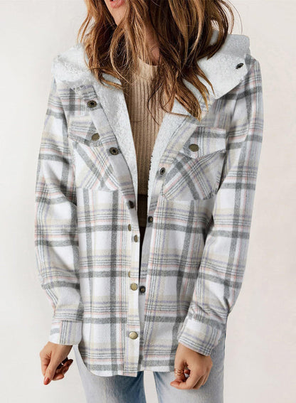 Women's Plaid Long Sleeve Button Fleece Hooded Jacket With Pockets (Buy 2 Free Shipping)