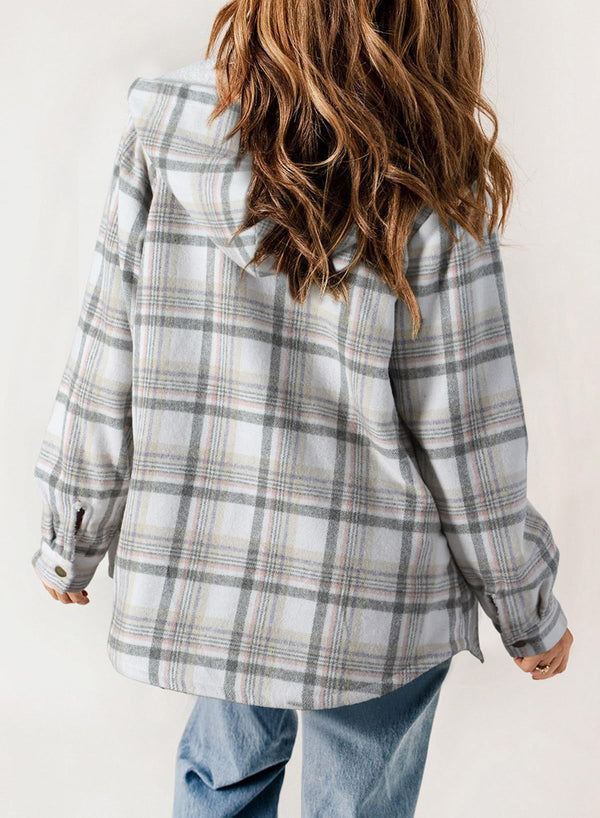 Women's Plaid Long Sleeve Button Fleece Hooded Jacket With Pockets (Buy 2 Free Shipping)