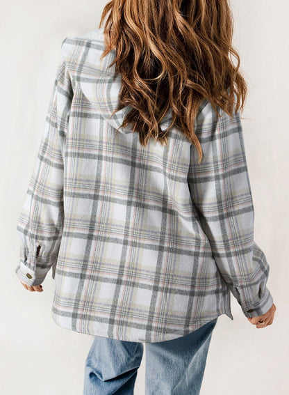 Women's Plaid Long Sleeve Button Fleece Hooded Jacket With Pockets (Buy 2 Free Shipping)