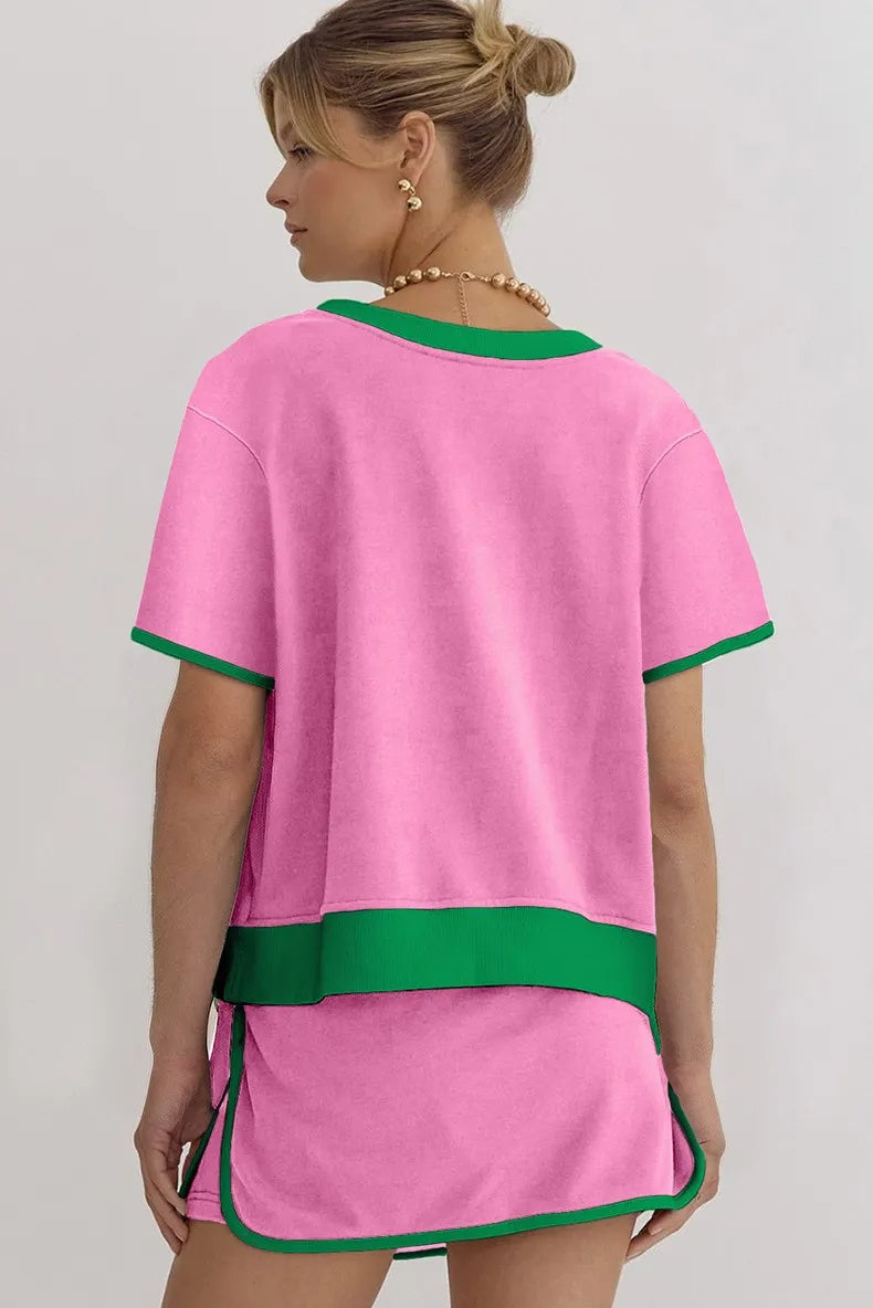 Women's Colorblock Edge Drop Shoulder T Shirt Skort 2Pcs Set (Buy 2 Free Shipping)