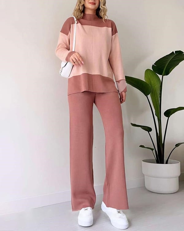 Color-blocking Sweater And Solid Color Long Pants Two-piece Set