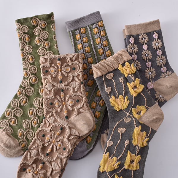 Sale 50%OFF-5 Pairs Women's Embossed Floral Cotton Socks