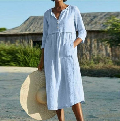 Robe longue uni en coton et lin avec poches 