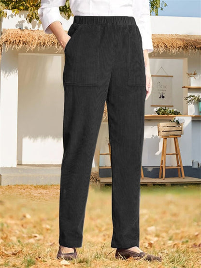 WOMEN'S SOLID COLOR ELASTIC WAIST CASUAL CORDUROY STRAIGHT LEG PANTS