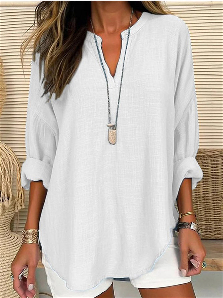 Women's V-neck Cotton Linen Pure Large Size Long-sleeved Cotton Shirt